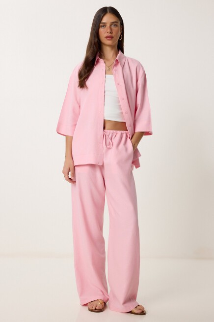 Keten Gömlek Pantolon Takım PEMBE LDP0058