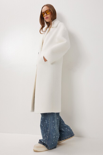 Kruvaze Yaka Oversize Buklet Kaban EKRU LFG0175