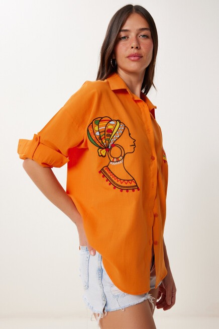 Nakış Detaylı Oversize Keten Gömlek ORANJ LDE0007
