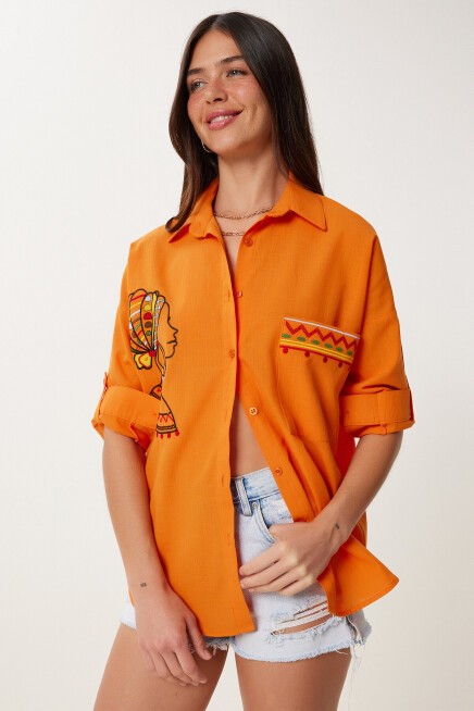Nakış Detaylı Oversize Keten Gömlek ORANJ LDE0007