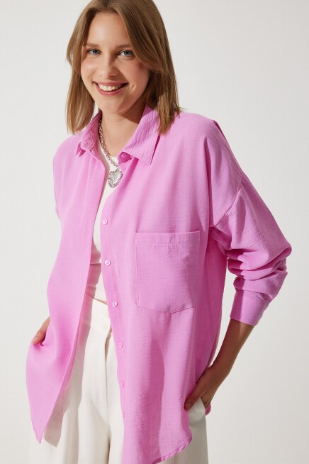 Oversize Basic Keten Ayrobin Gömlek AÇIK PEMBE LDD0009