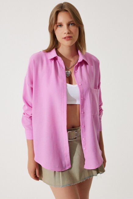 Oversize Basic Keten Ayrobin Gömlek AÇIK PEMBE LDD0009