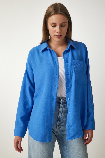 Oversize Basic Keten Ayrobin Gömlek MAVİ LDD0009