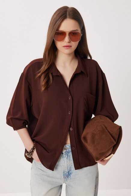 Oversize Cepli Dokuma Gömlek KAHVERENGİ LDZ0063