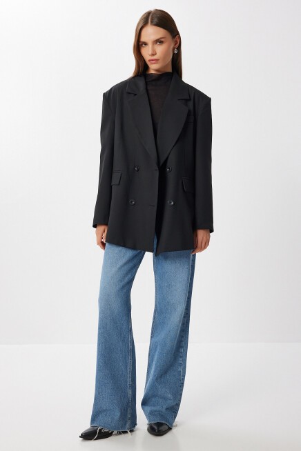 Oversize Vatkalı Dokuma Ceket SİYAH LDW0006