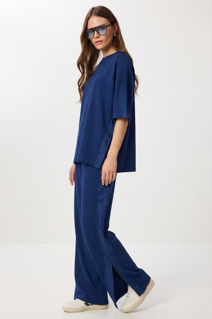 Oversize Yırtmaçlı Paraşüt Garnili Modal Takım LACİVERT LBY0043