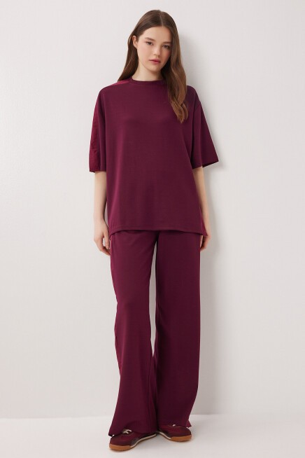 Oversize Yırtmaçlı Paraşüt Garnili Modal Takım MÜRDÜM LBY0043