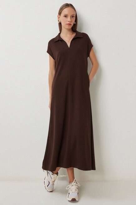 Polo Yaka Cepli Örme Elbise ACI KAHVE LDZ0038