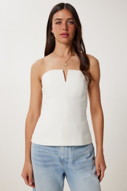 Straplez Crop Dokuma Bluz EKRU LFK0007