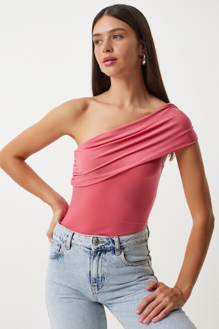 Tek Omuz Büzgülü Örme Bluz 325 ŞEKER PEMBE LDZ0003