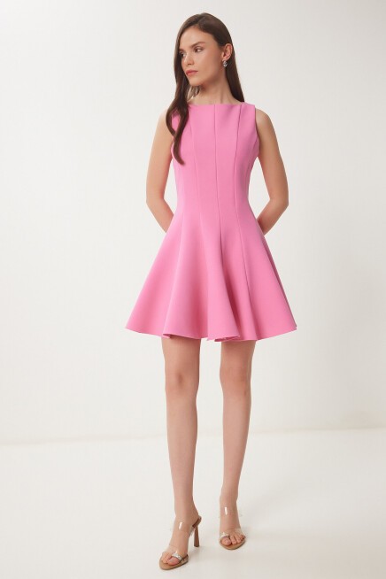 Uçuşan Etkili Mini Dokuma Elbise PEMBE LFK0004