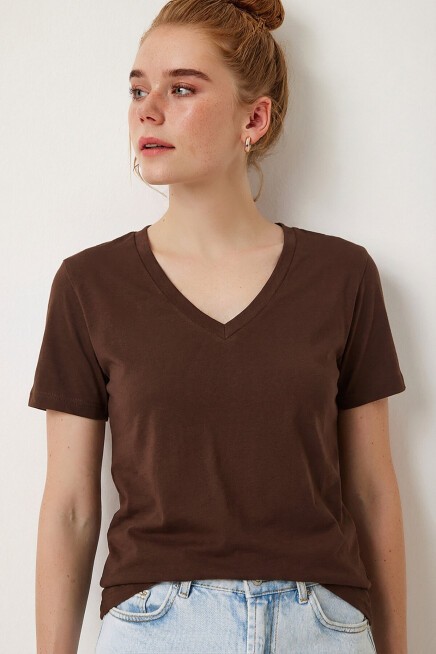 V Yaka Basic Viskon T-shirt KAHVERENGİ LEN0001