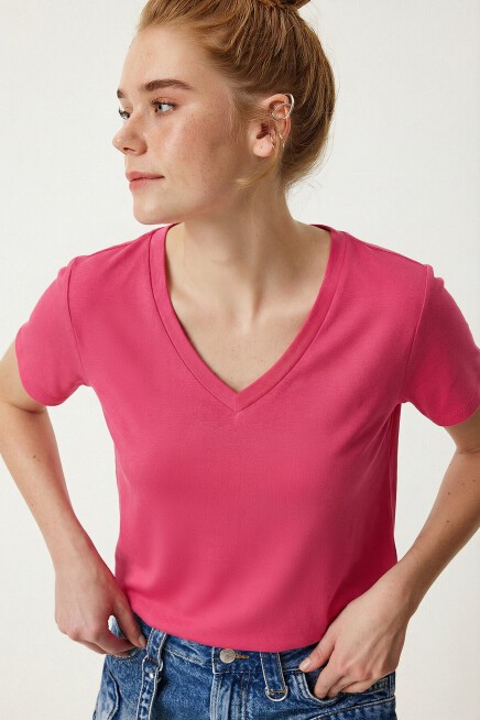 V Yaka Basic Viskon T-shirt KOYU PEMBE LEN0001
