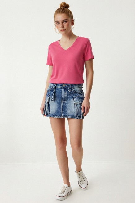 V Yaka Basic Viskon T-shirt KOYU PEMBE LEN0001