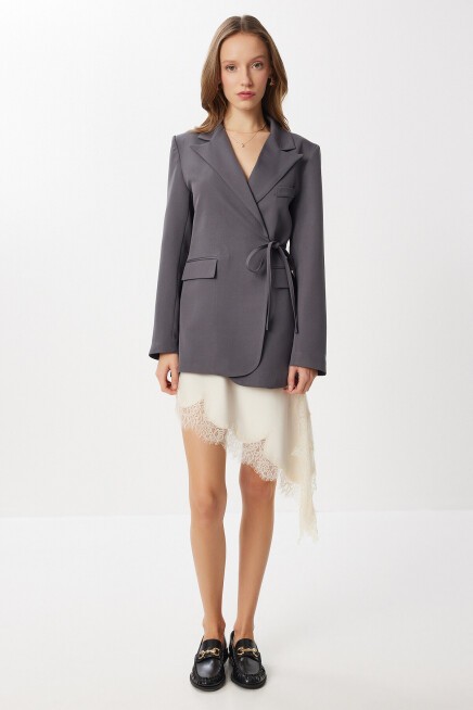 Vatkalı Bağlama Detaylı Dokuma Blazer Ceket FÜME LDW0005