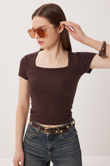 2li Paket Kare Yaka Basic Örme T-shirt KAHVERENGİ KEMİK LDZ0059