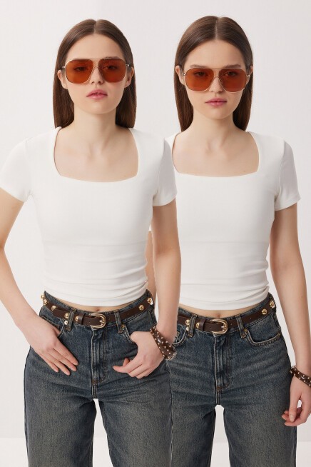 2li Paket Kare Yaka Basic Örme T-shirt KEMİK KEMİK LDZ0059