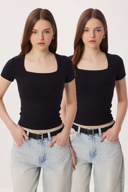 2li Paket Kare Yaka Basic Örme T-shirt SİYAH SİYAH LDZ0059