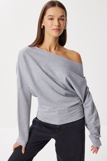 Açık Omuzlu Örme Sweatshirt GRİ MELANJ LEN0044