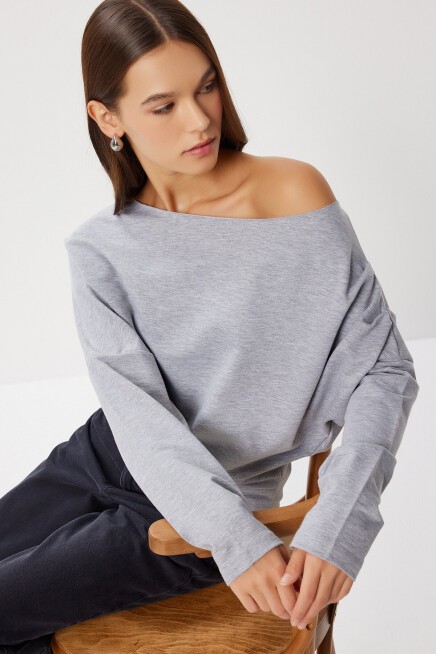 Açık Omuzlu Örme Sweatshirt GRİ MELANJ LEN0044