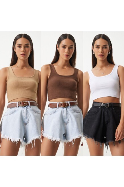 Askılı Crop 3lü Paket Örme Bluz BİSKÜVİ KAHVERENGİ BEYAZ LGT0005