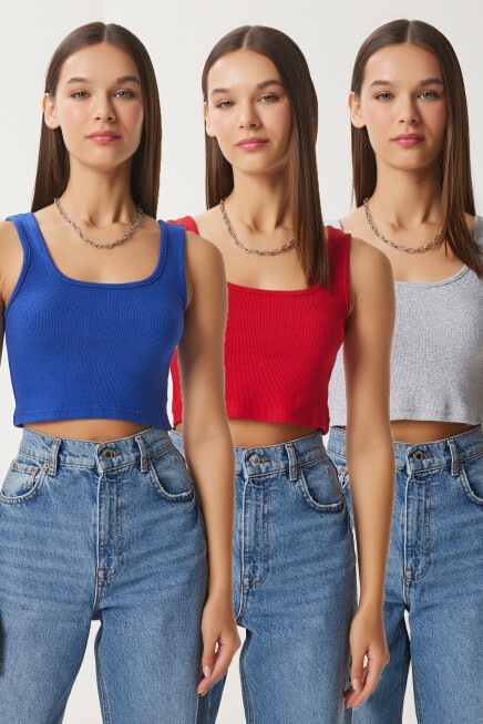 Askılı Crop 3lü Paket Örme Bluz KIRMIZI GRİ MELANJ KOYU MAVİ LGT0005