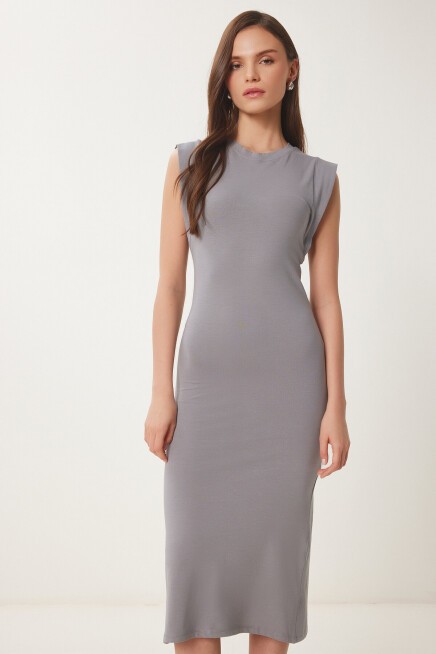 Basic Yazlık Midi Örme Elbise GRİ LFW0004