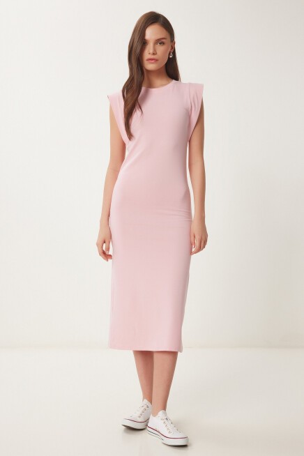 Basic Yazlık Midi Örme Elbise PEMBE LFW0004