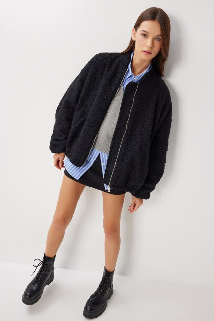 Buklet Oversize Bomber Ceket SİYAH LFG0165