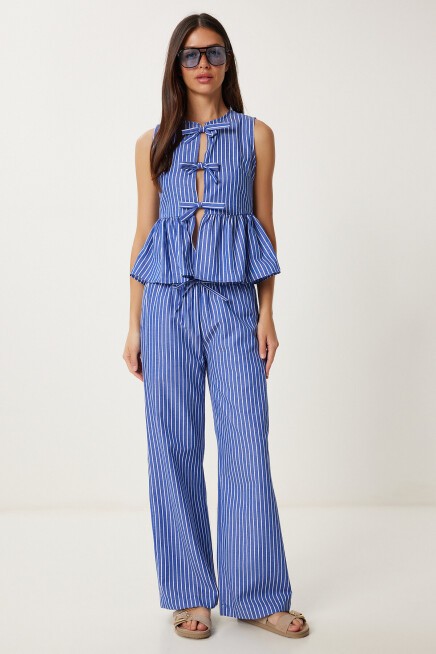 Çizgili Bluz Pantolon Takım MAVİ LJH0003