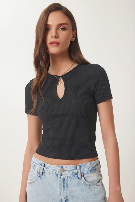 Cut Out Detaylı Crop Fitilli Örme Bluz ANTRASİT LEX0008