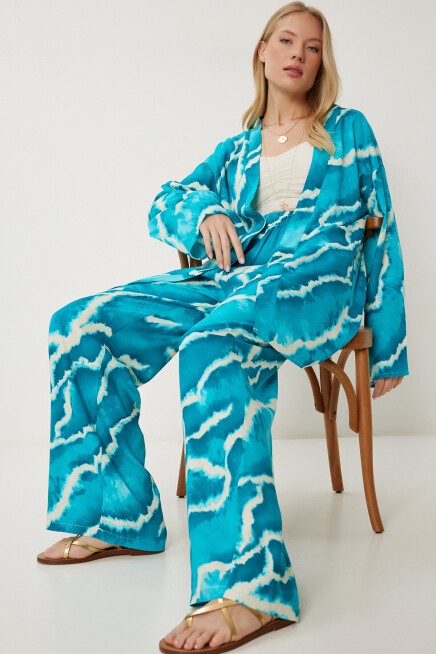 Desenli Yazlık Viskon Kimono Pantolon Takım AÇIK MAVİ LJE0003