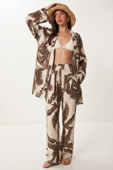 Desenli Yazlık Viskon Kimono Pantolon Takım KAHVERENGİ KREM LJE0003