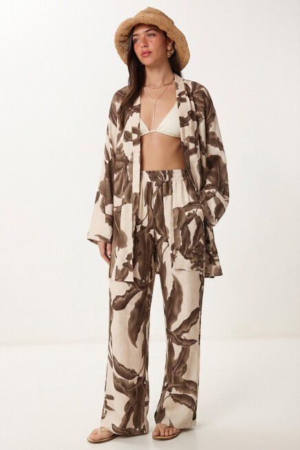 Desenli Yazlık Viskon Kimono Pantolon Takım KAHVERENGİ KREM LJE0003