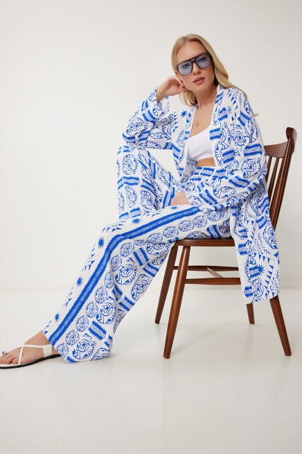 Desenli Yazlık Viskon Kimono Pantolon Takım MAVİ BEYAZ LJE0003