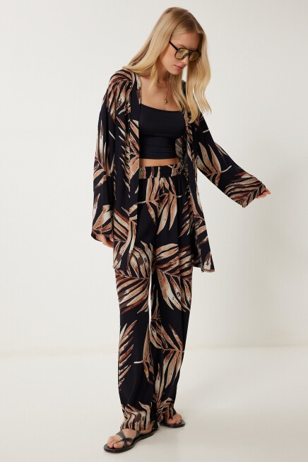 Desenli Yazlık Viskon Kimono Pantolon Takım SİYAH LJE0003