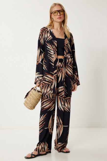 Desenli Yazlık Viskon Kimono Pantolon Takım SİYAH LJE0003