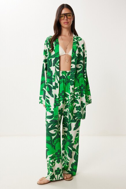 Desenli Yazlık Viskon Kimono Pantolon Takım YEŞİL KEMİK LJE0003