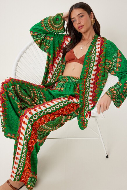 Desenli Yazlık Viskon Kimono Pantolon Takım YEŞİL ORANJ LJE0003