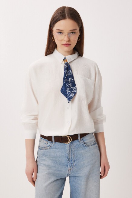 Fular Detaylı Oversize Dokuma Gömlek BEYAZ LDZ0061