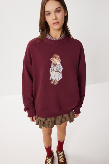 Oversize Ayıcık Baskılı Örme Sweatshirt BORDO LFN0135