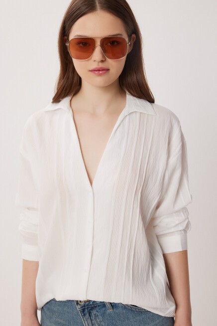 Oversize İşlemeli Dokuma Gömlek EKRU LDZ0062