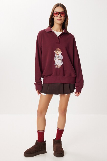 Polo Yaka Ayıcık Baskılı Örme Sweasthirt BORDO LFN0137