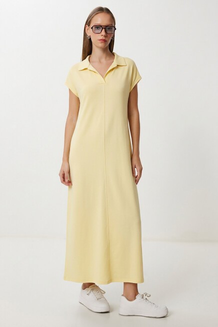 Polo Yaka Cepli Örme Elbise SARI LDZ0038