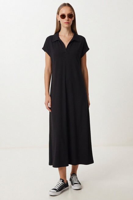Polo Yaka Cepli Örme Elbise SİYAH LDZ0038