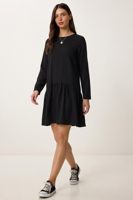 Volanlı Mini Poplin Elbise SİYAH LEX0015