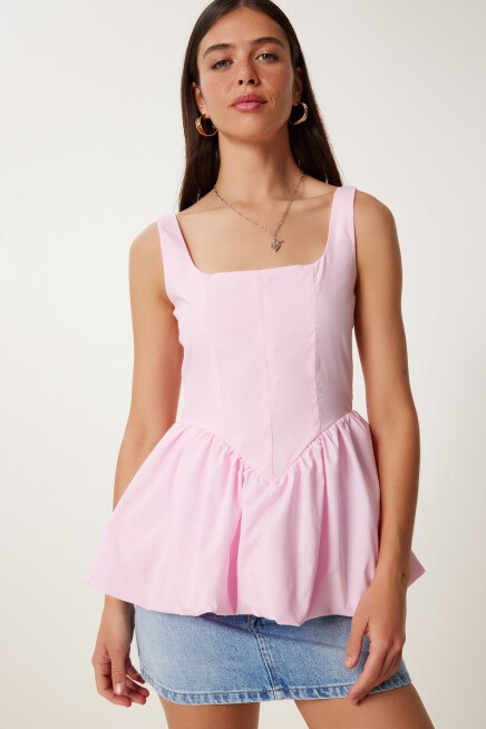 Askılı Balon Etekli Poplin Bluz ŞEKER PEMBE LPX0002