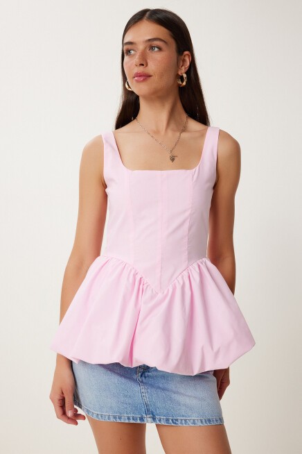 Askılı Balon Etekli Poplin Bluz ŞEKER PEMBE LPX0002