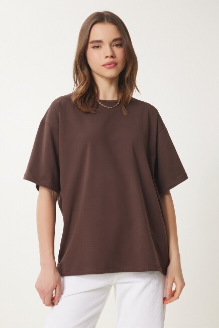 Basic Oversize 2li Takım Örme T-shirt KAHVERENGİ TAŞ LHW0007