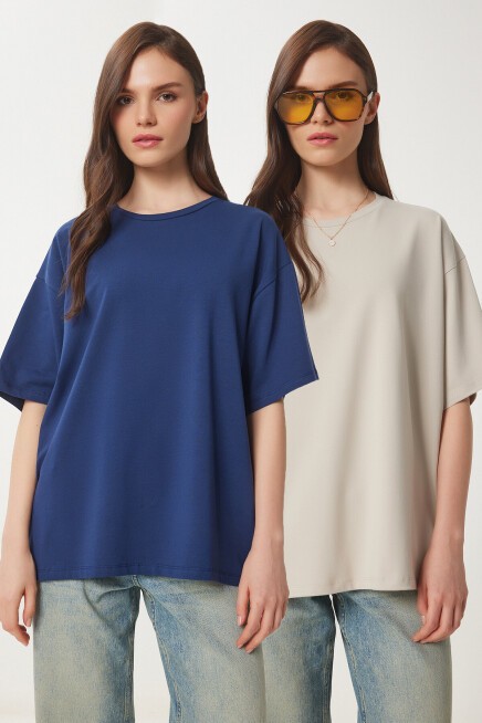 Basic Oversize 2li Takım Örme T-shirt LACİVERT TAŞ LHW0007